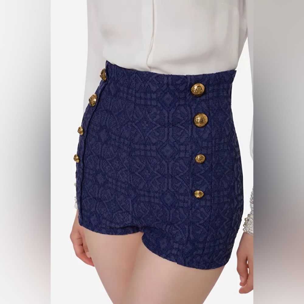 Elegant High-Waisted Navy Shorts with Gold Accents